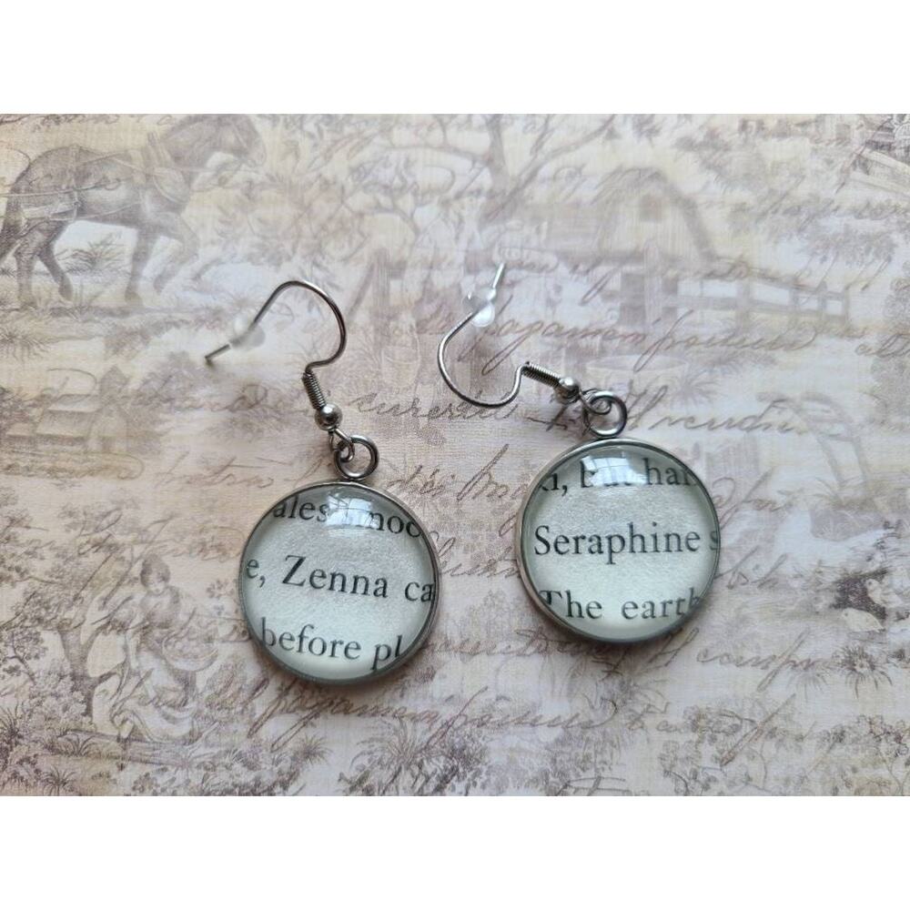 Zenna and Seraphine pendant earrings made with Blood and Honey book pages